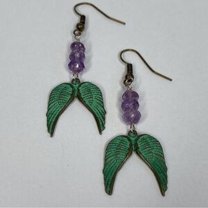 HAND CRAFTED Angel Wings Charm EARRINGS Amethyst Patina Dangle NWT